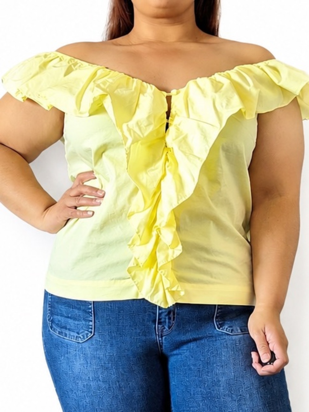 Marc New York Yellow Off-Shoulder Ruffle Front Top